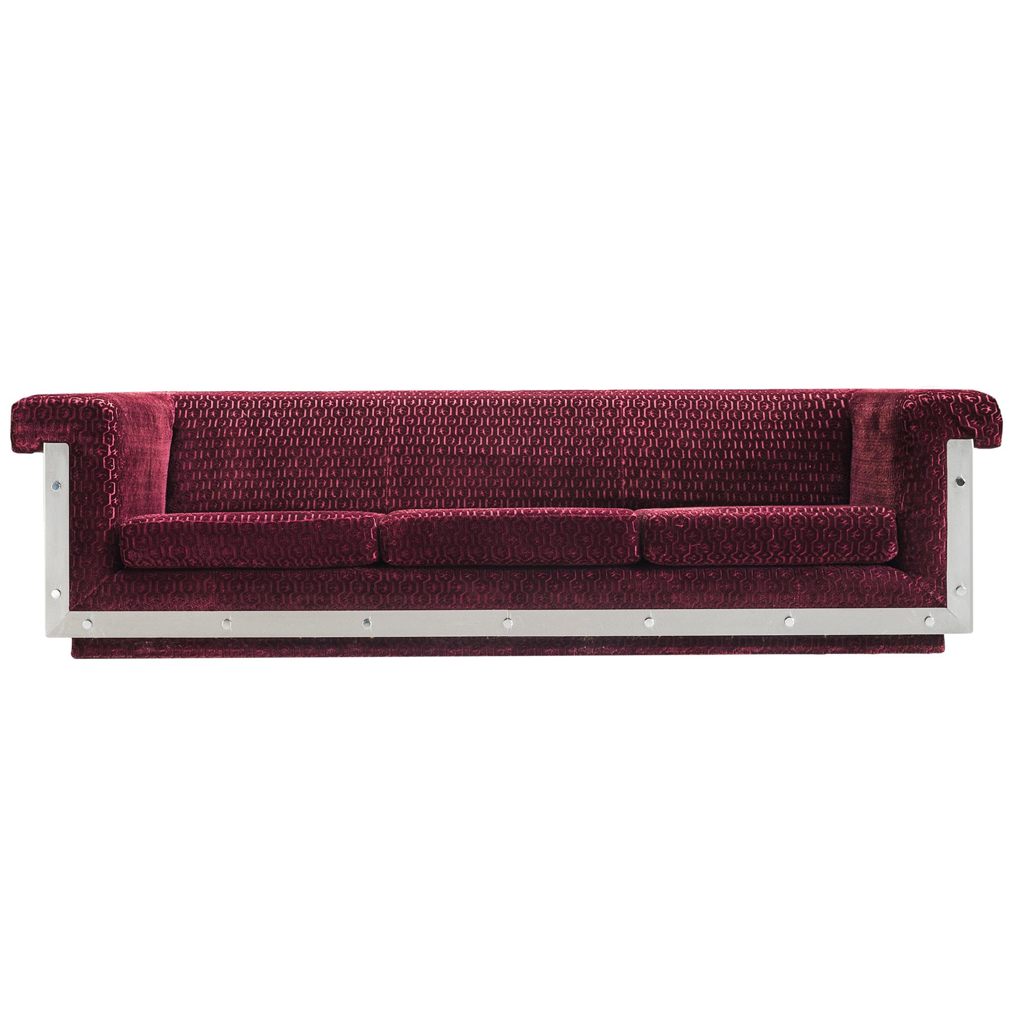 Postmodern French Sofa in Stainless Steel and Burgundy Velvet Upholstery For Sale 4
