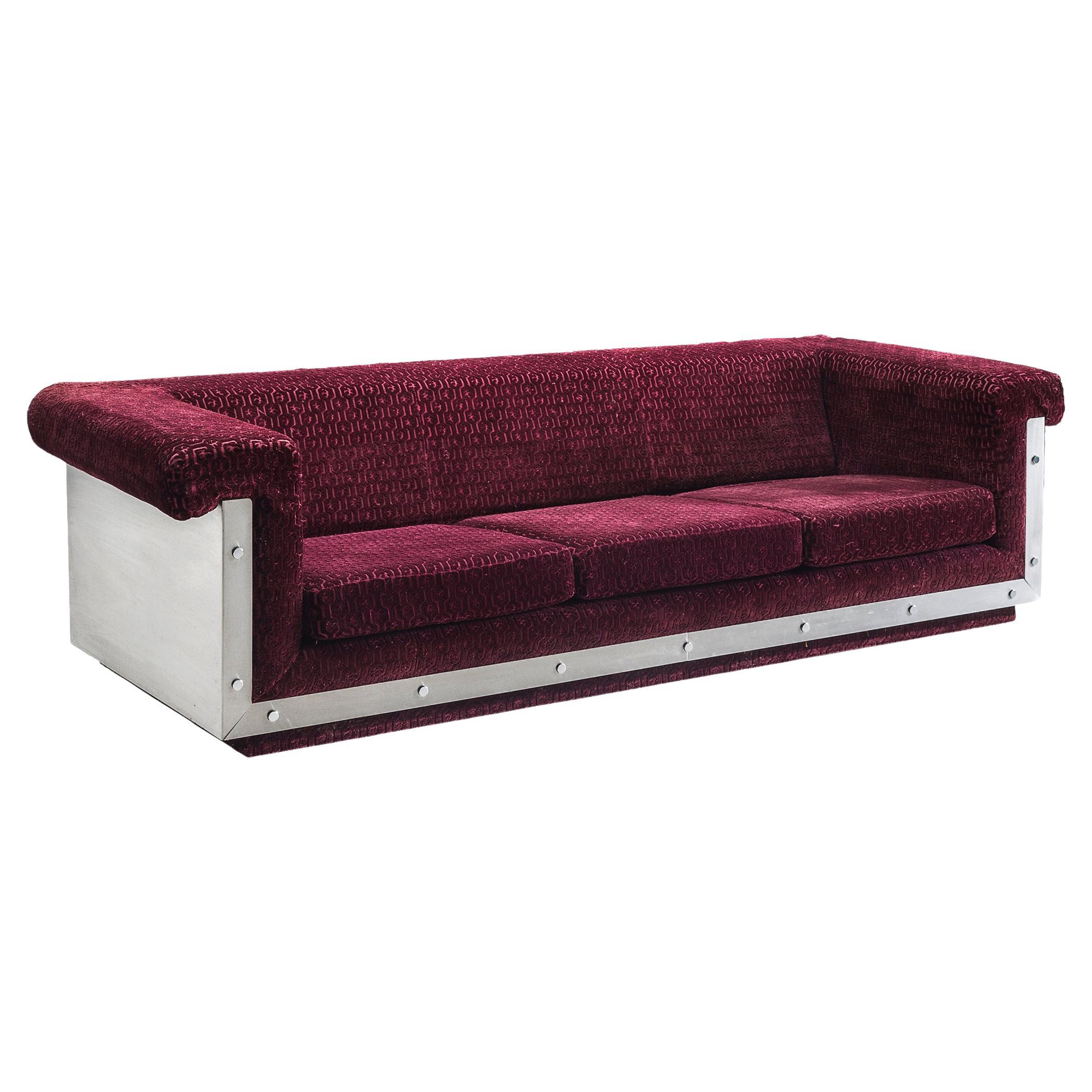 Postmodern French Sofa in Stainless Steel and Burgundy Velvet Upholstery