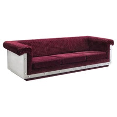 Vintage Postmodern French Sofa in Stainless Steel and Burgundy Velvet Upholstery