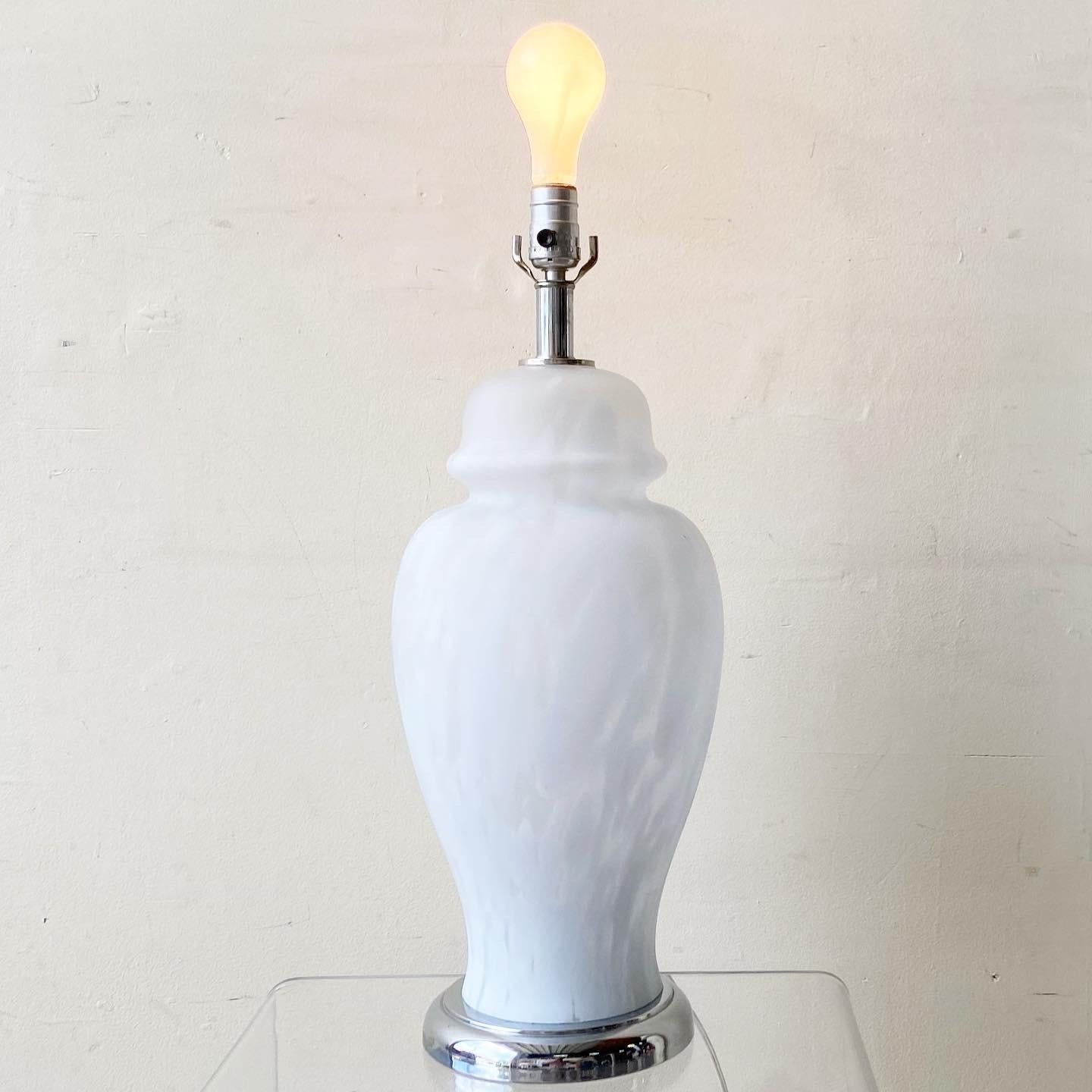 Excellent postmodern frosted glass table lamp. Features a white mottled seemingly natural pattern.
  