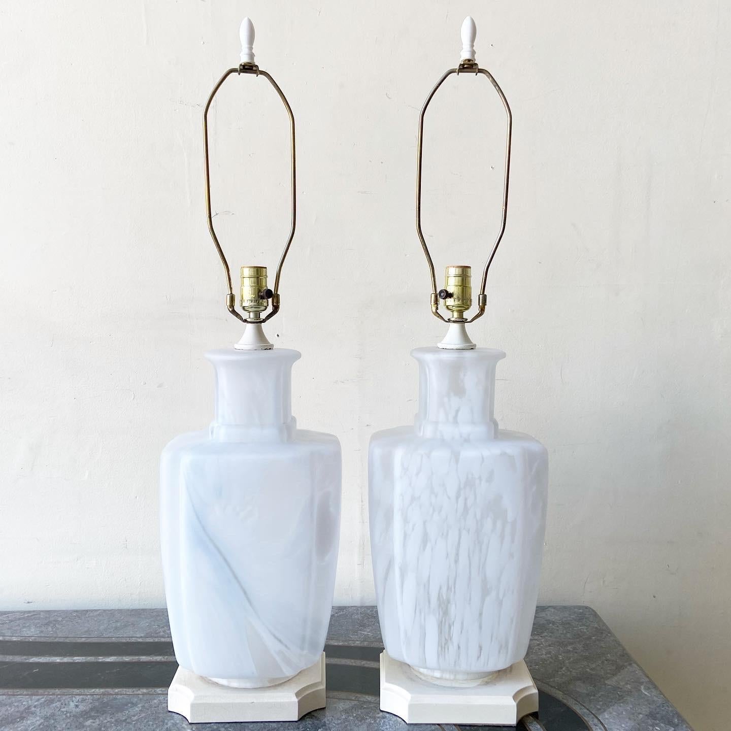 Postmodern Frosted Murano Style Glass Table Lamps, a Pair In Good Condition For Sale In Delray Beach, FL