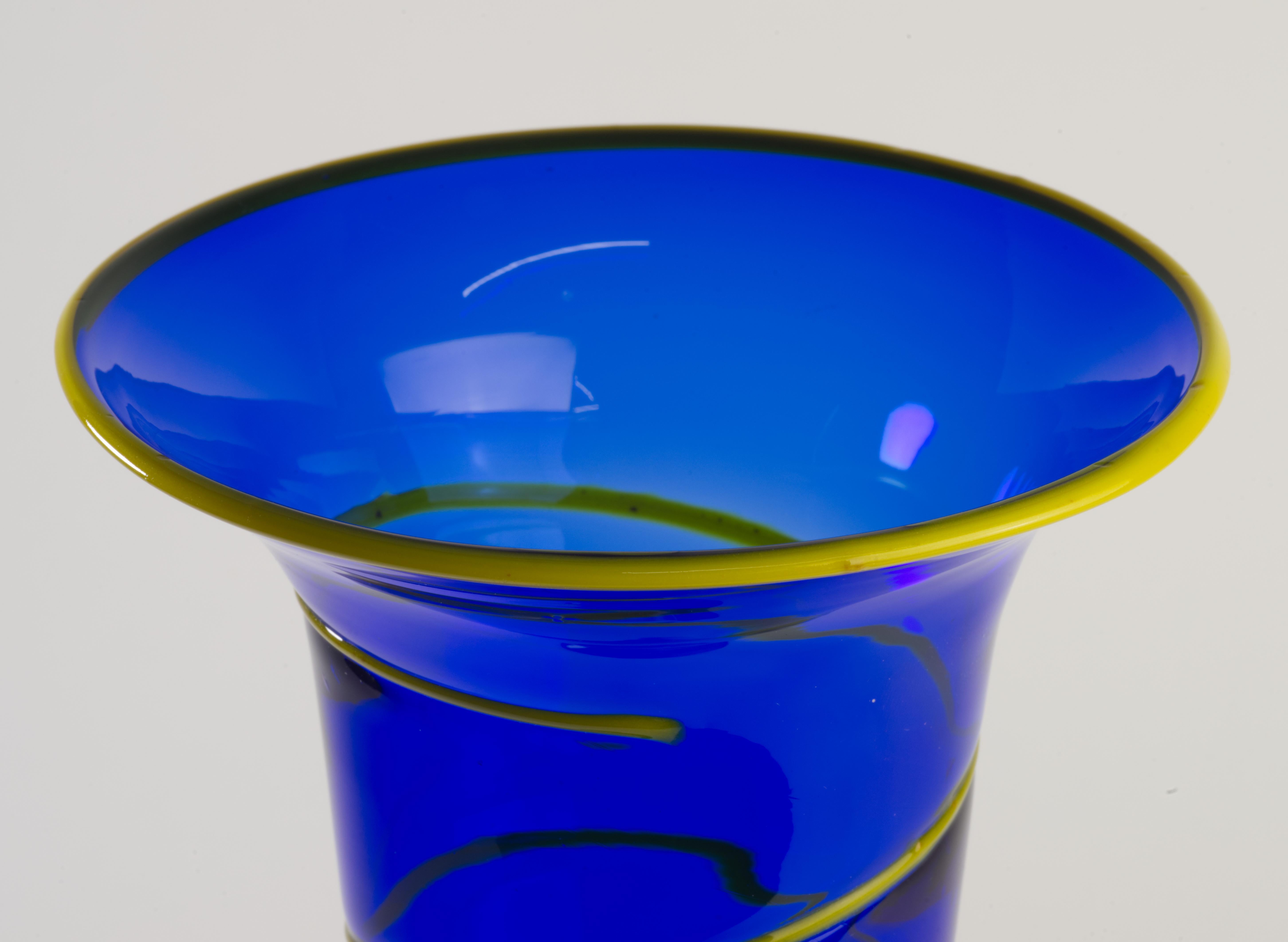 Hand-Crafted Postmodern Fused Art Glass Vase, Cobalt Blue, Green, Yellow, Hand Blown For Sale