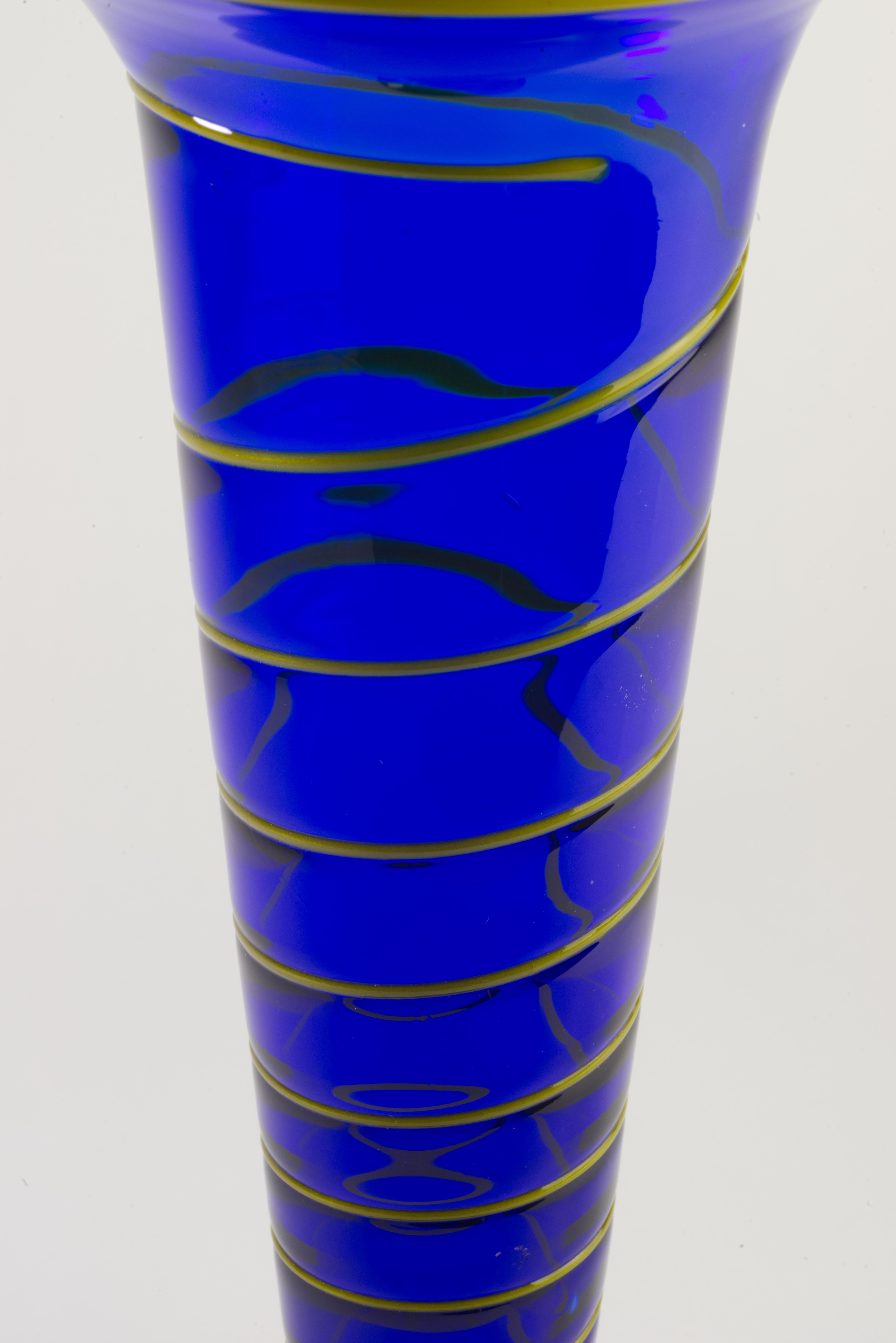 Postmodern Fused Art Glass Vase, Cobalt Blue, Green, Yellow, Hand Blown In Good Condition For Sale In Clifton Springs, NY