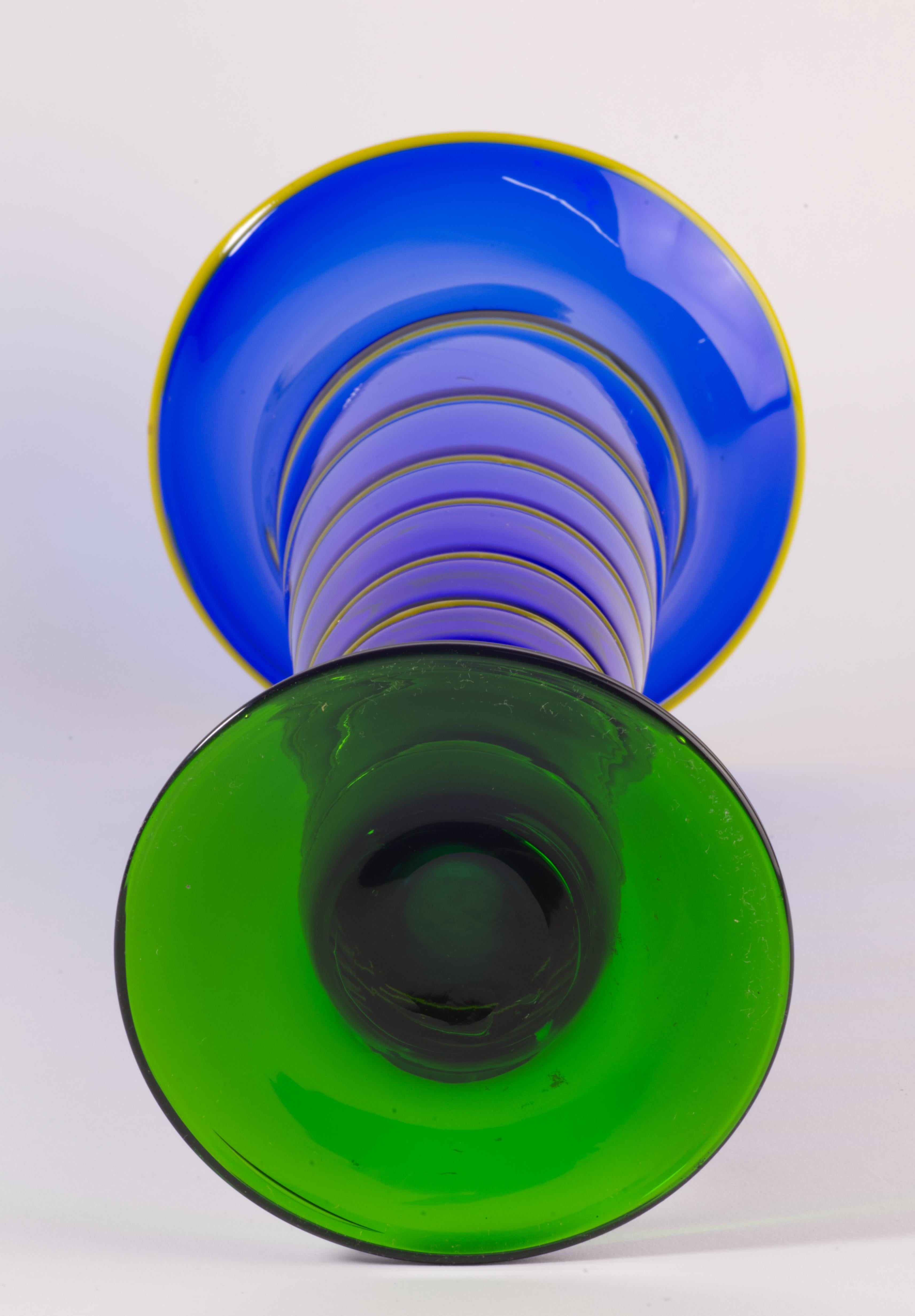 20th Century Postmodern Fused Art Glass Vase, Cobalt Blue, Green, Yellow, Hand Blown For Sale