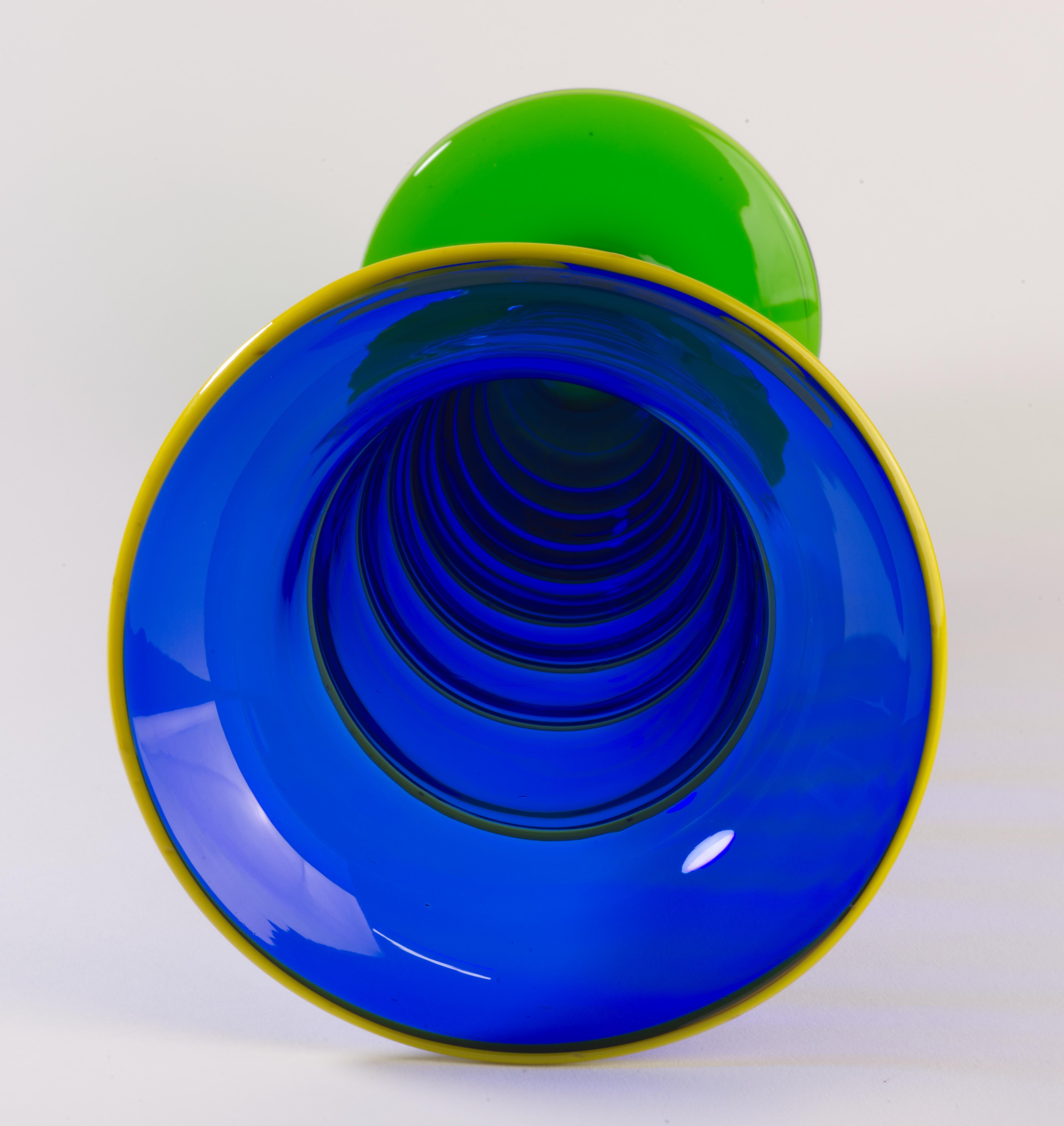 Postmodern Fused Art Glass Vase, Cobalt Blue, Green, Yellow, Hand Blown For Sale 1