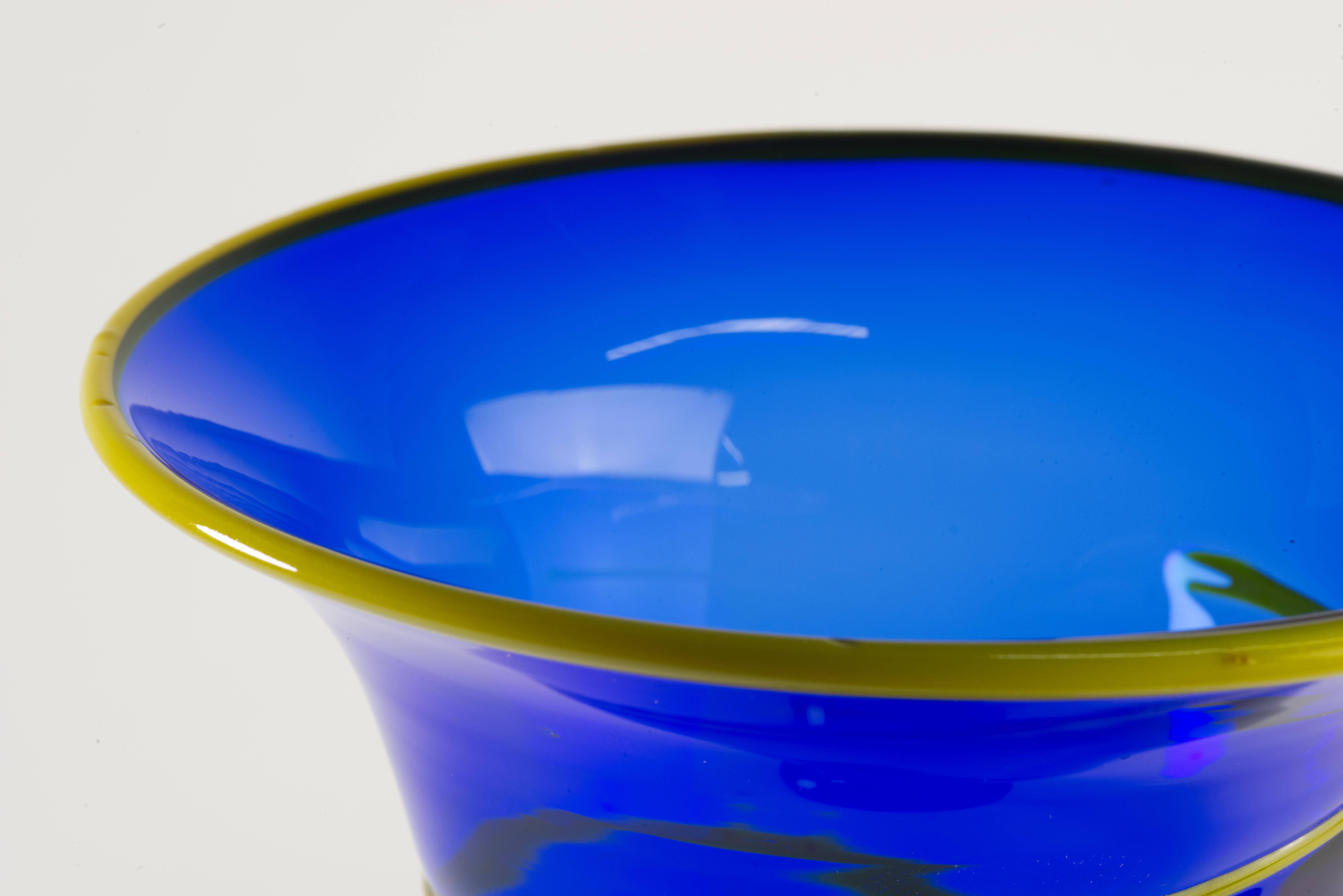 Postmodern Fused Art Glass Vase, Cobalt Blue, Green, Yellow, Hand Blown For Sale 2