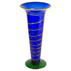 Postmodern Fused Art Glass Vase, Cobalt Blue, Green, Yellow, Hand Blown