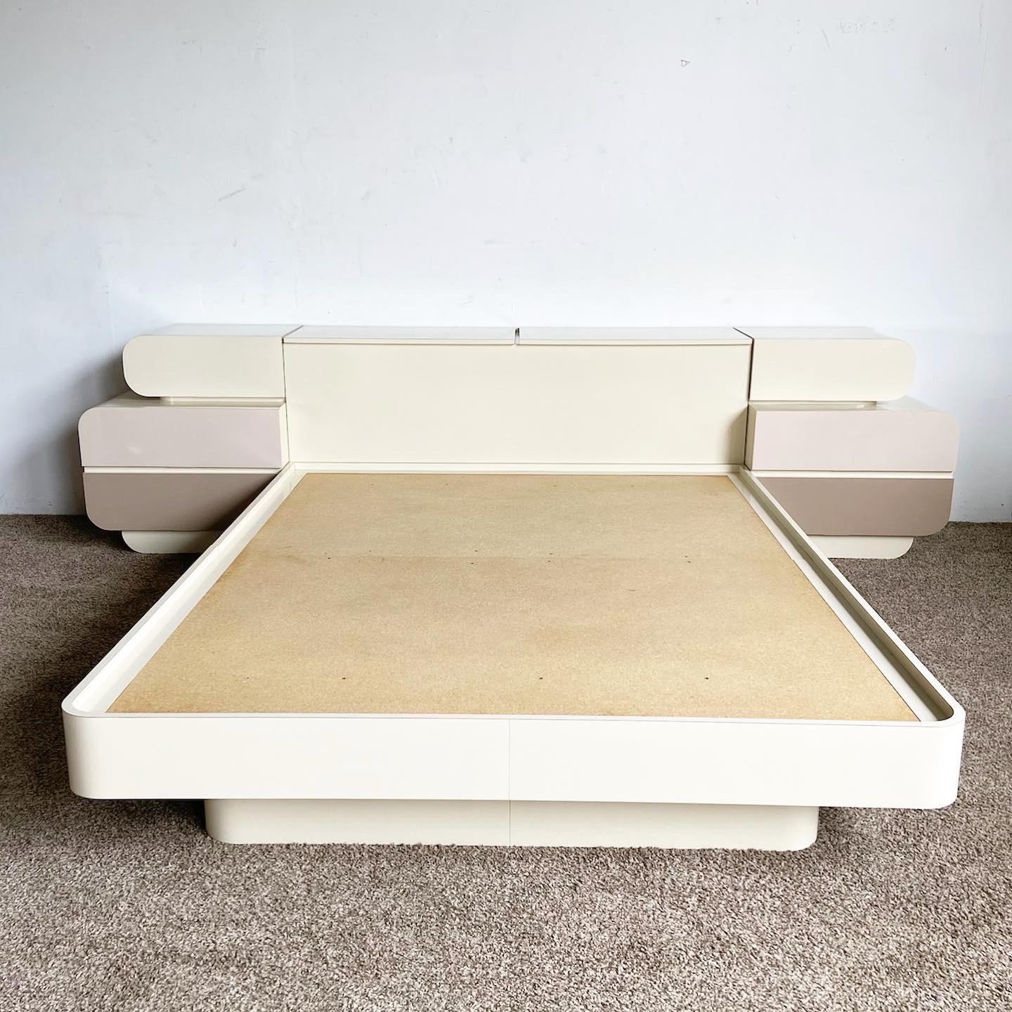 Dive into postmodern design with our Galactic Double Waterfall Three Tone Queen Platform Bed Set, offering stylish storage and a cohesive aesthetic.

Headboard opens to reveal ample storage space for convenience and organization.
Includes matching