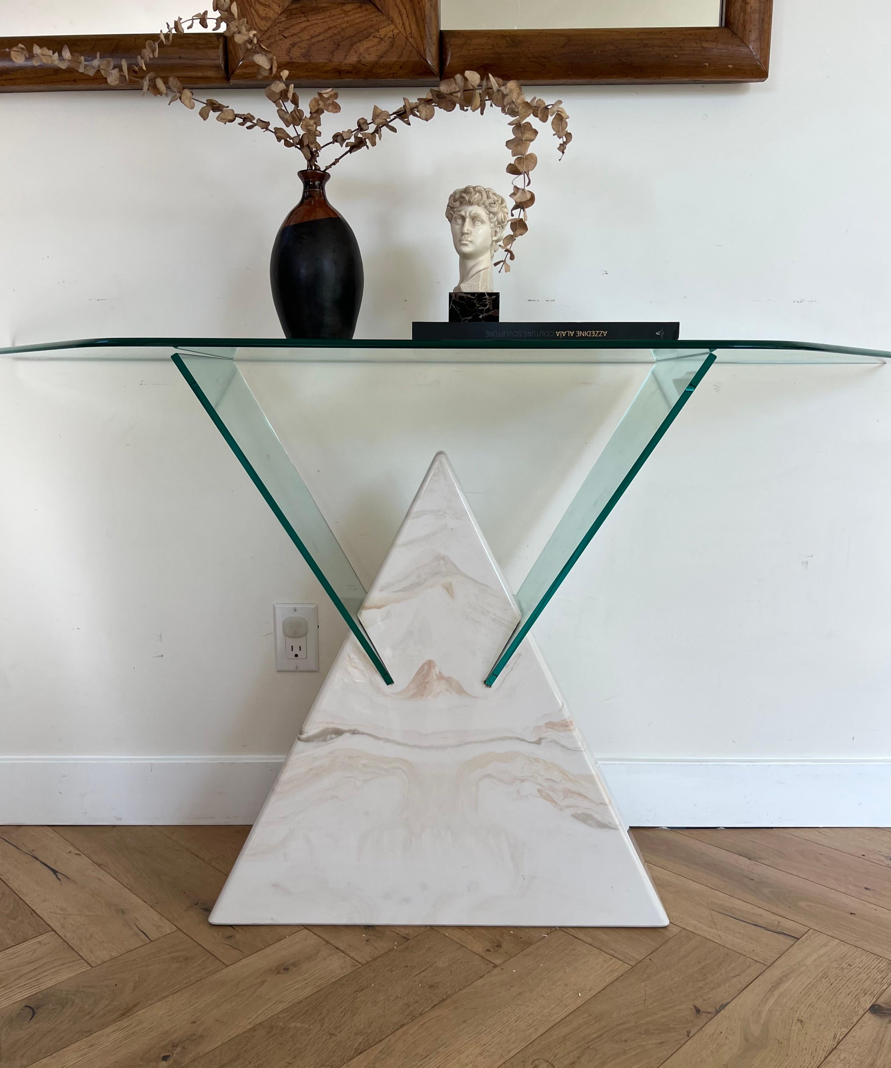 Postmodern Geometric Glass and Faux Marble Console Table, 1970s For Sale 8