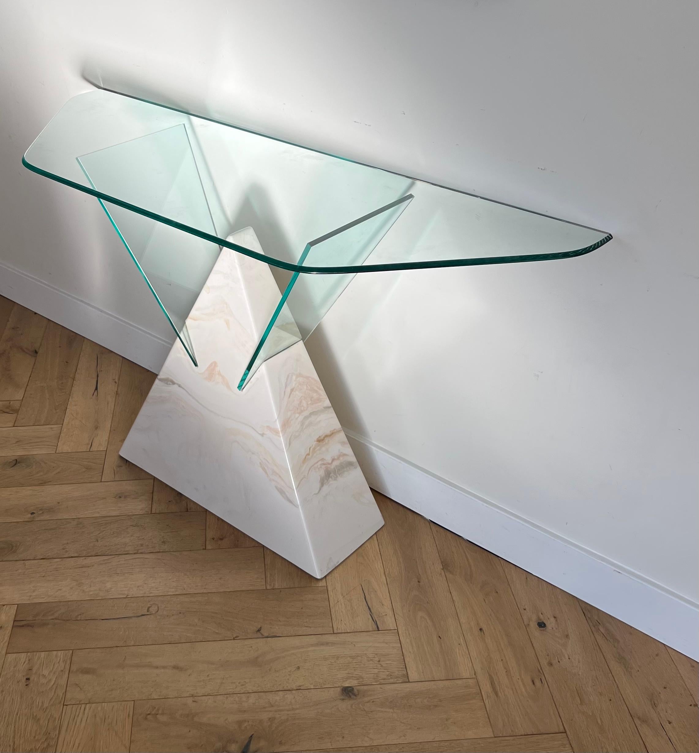 Postmodern Geometric Glass and Faux Marble Console Table, 1970s For Sale 9