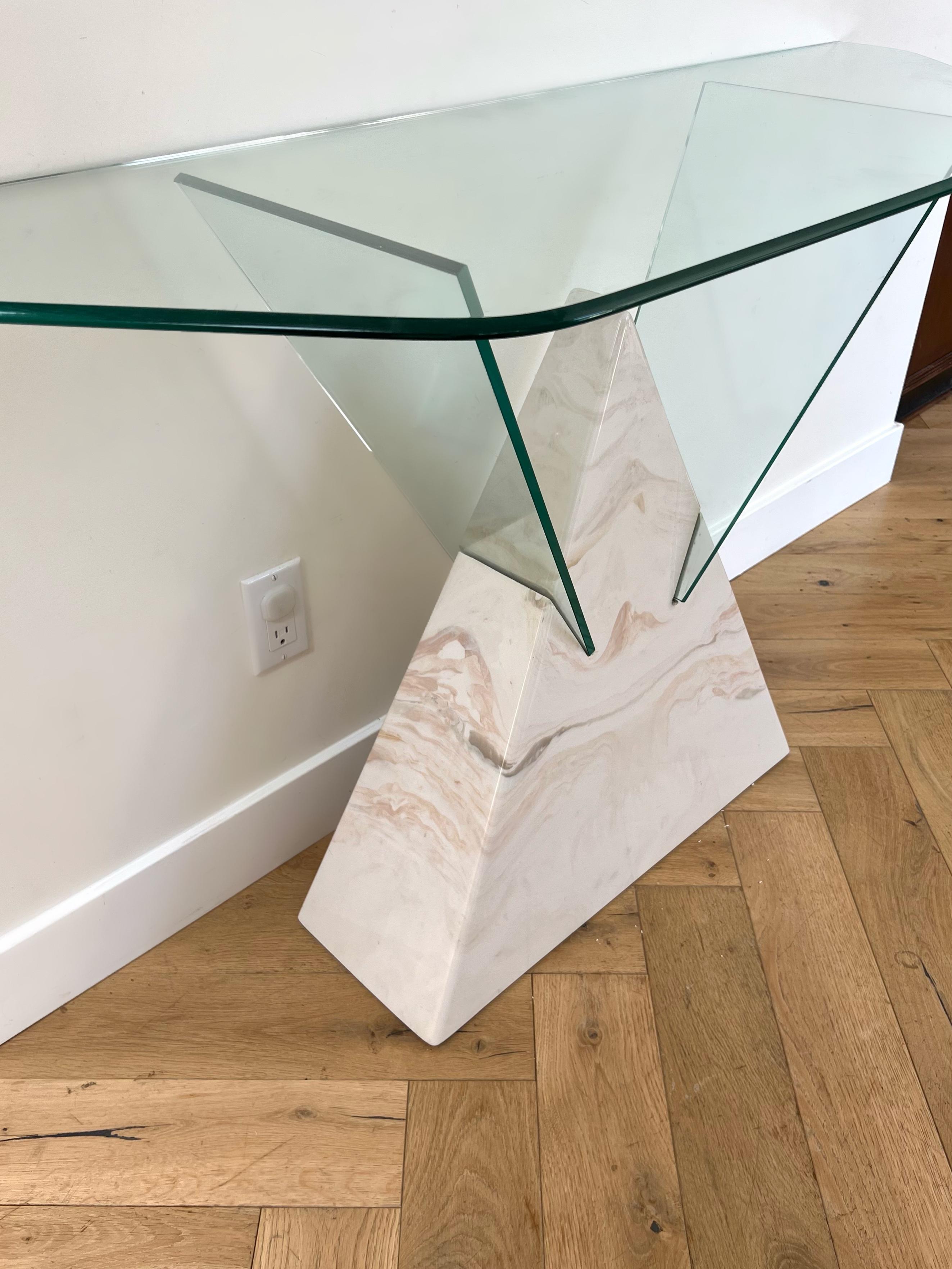 Post-Modern Postmodern Geometric Glass and Faux Marble Console Table, 1970s For Sale