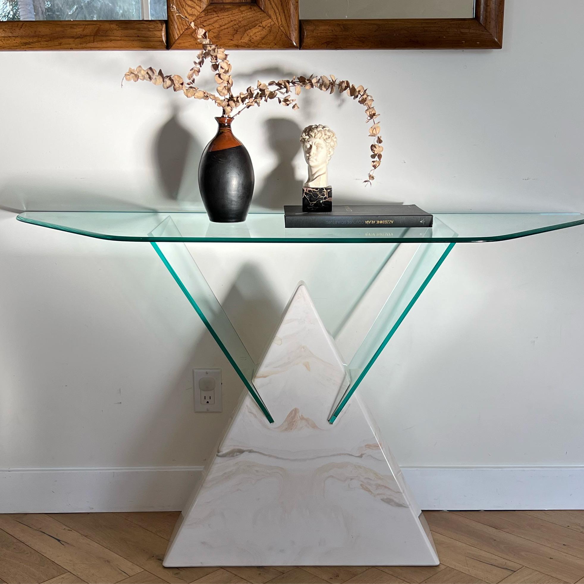 Late 20th Century Postmodern Geometric Glass and Faux Marble Console Table, 1970s For Sale