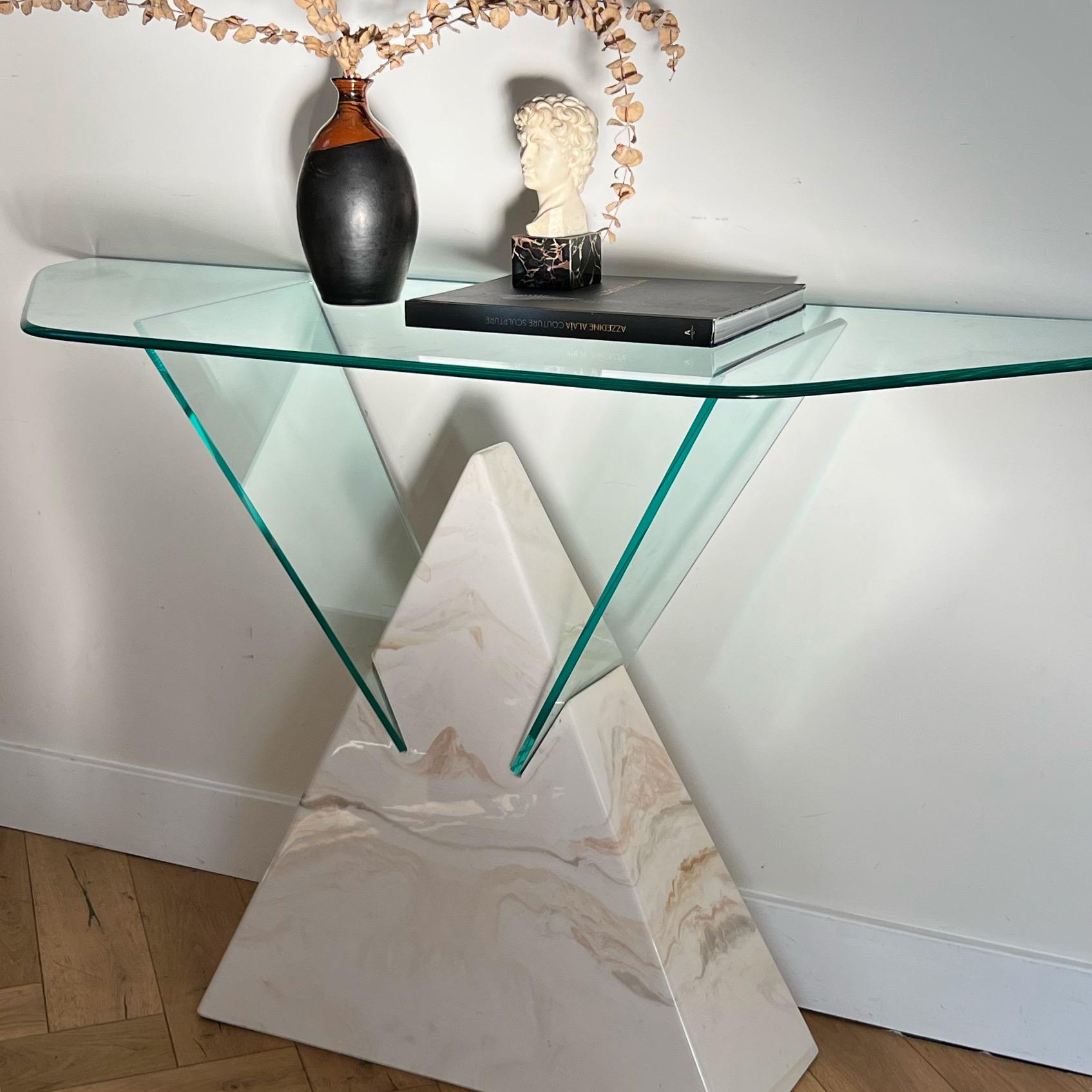 Postmodern Geometric Glass and Faux Marble Console Table, 1970s For Sale 1
