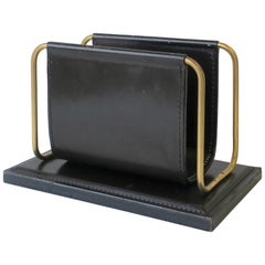 Vintage German Black Leather and Brass Desk Letter Holder Organizer