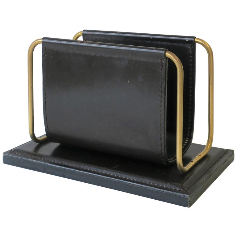 Postmodern German Black Leather And Brass Desk Letter Holder Organizer
