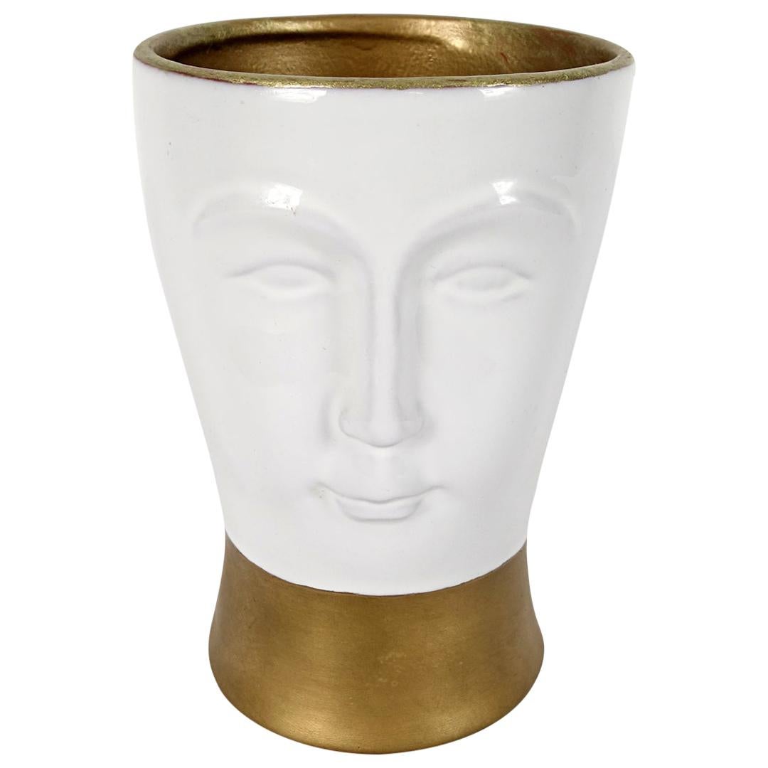 Postmodern Gilded Ceramic Vase with a Face Designed by Fornasetti Milano