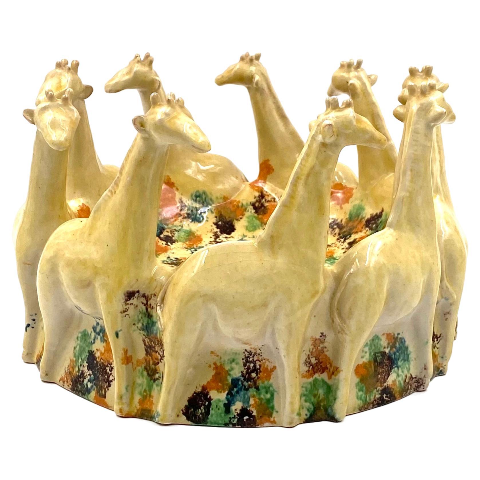 Centre de table en céramique girafe postmoderne / vide poche, ND Dolfi Italie, 1990