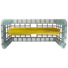 Antique Postmodern Glass Block "Rion" Loveseat Sofa