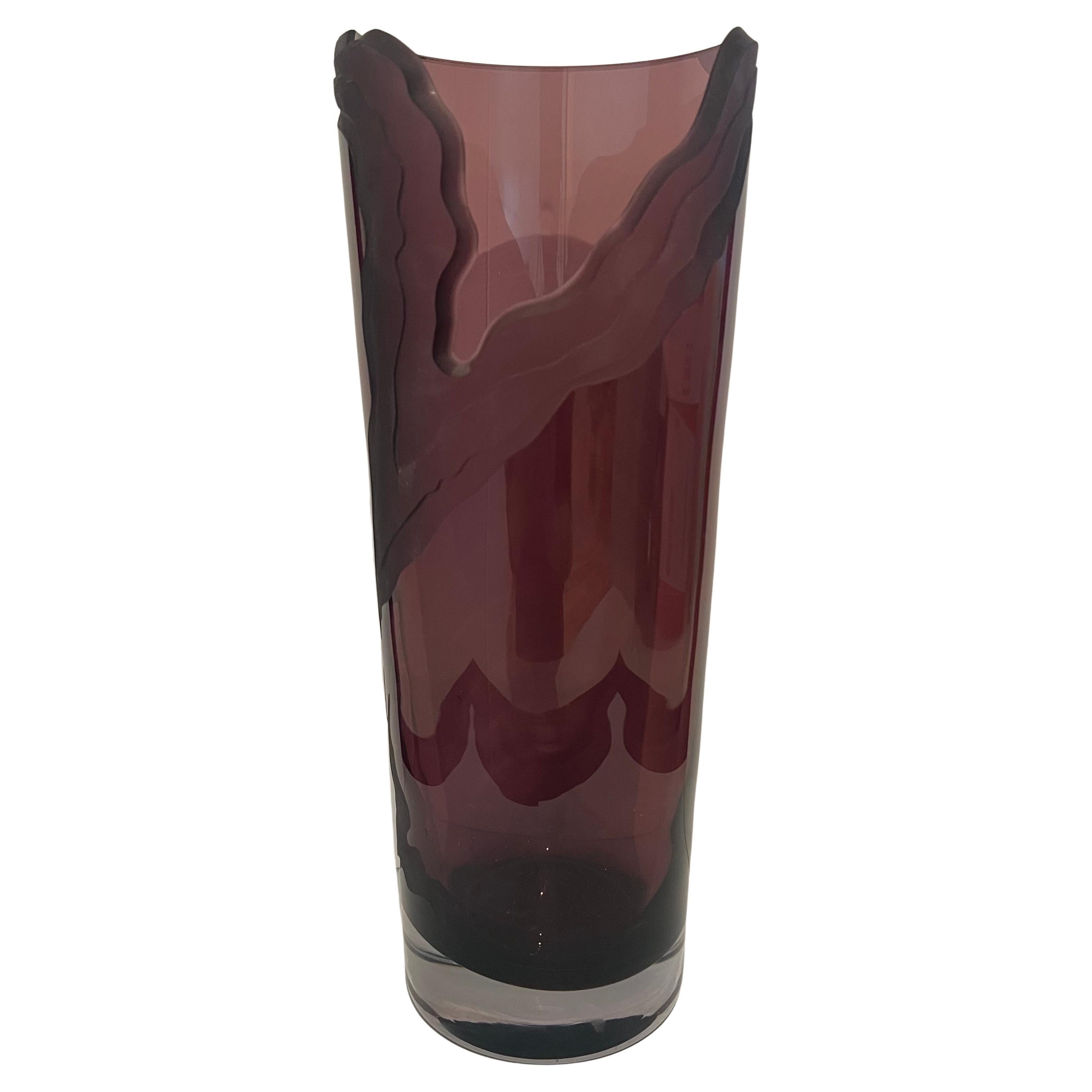Postmodern Glass blown tall Vase in Amethyst With Frosted Edge