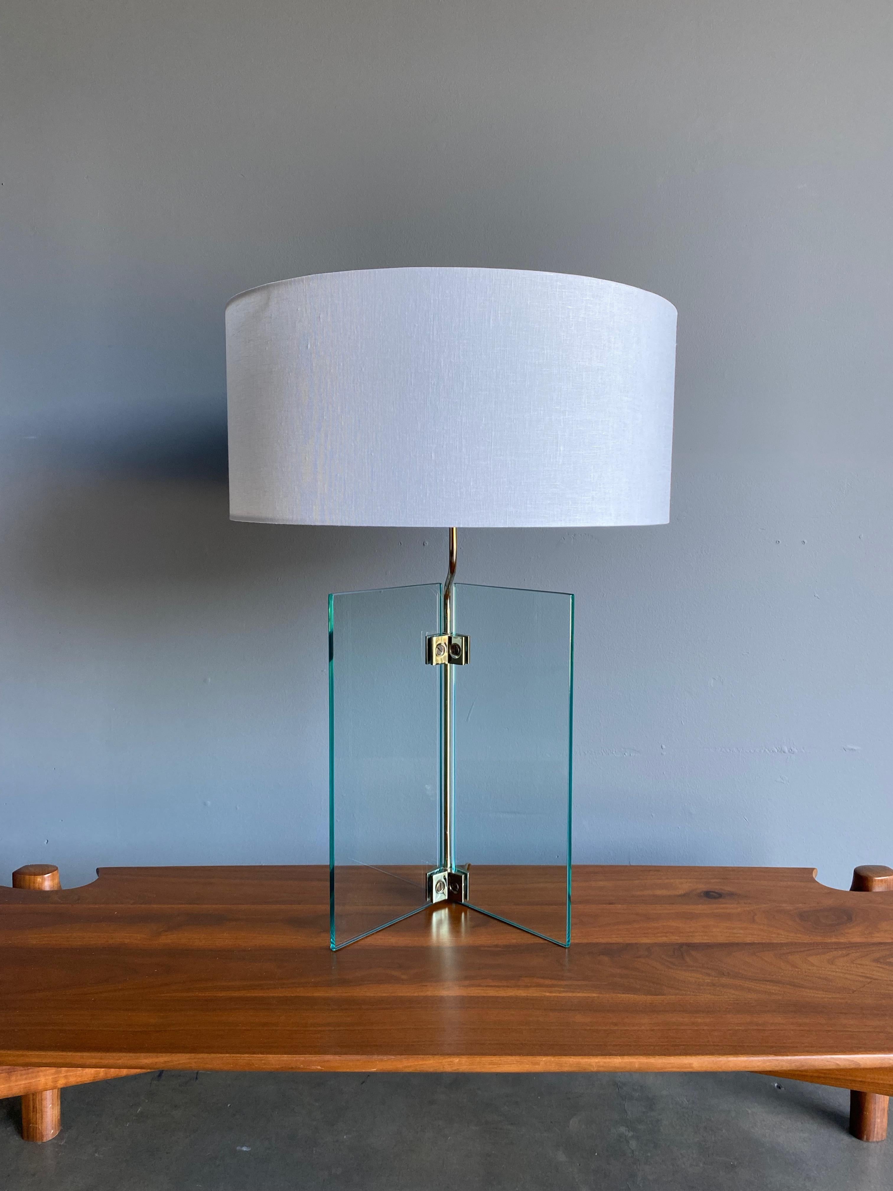 Postmodern glass & brass table lamp circa 1985. (The shade is not included).