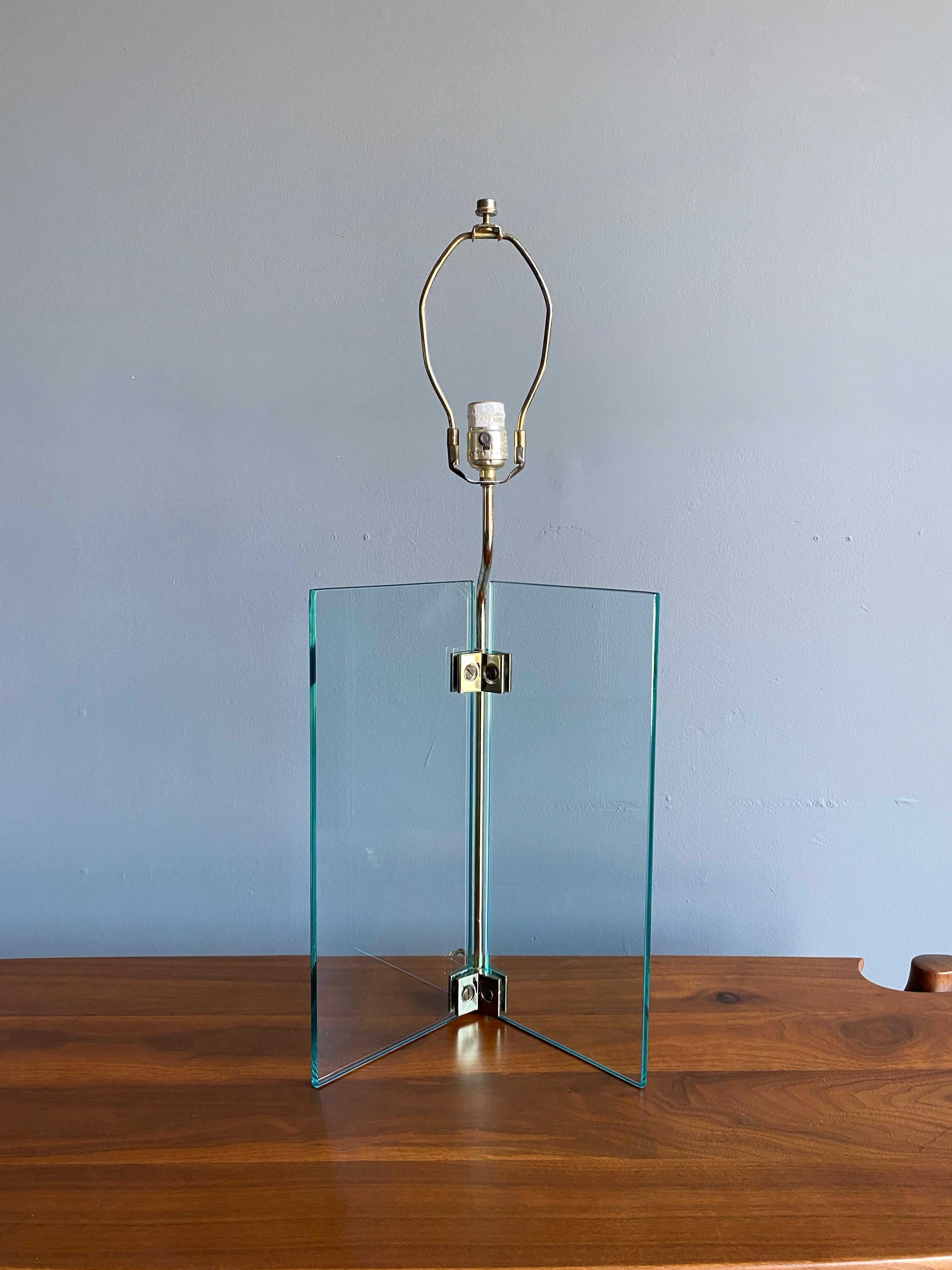 American Postmodern Glass & Brass Table Lamp circa 1985