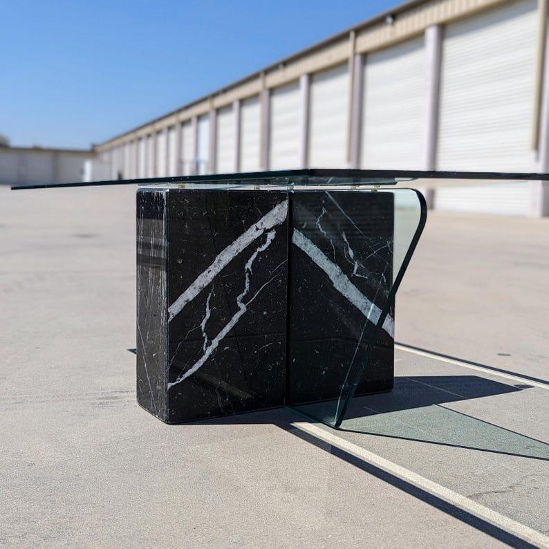 Late 20th Century Postmodern Glass Coffee Table, Marble, Geometric, Unique, Rectangular Top For Sale