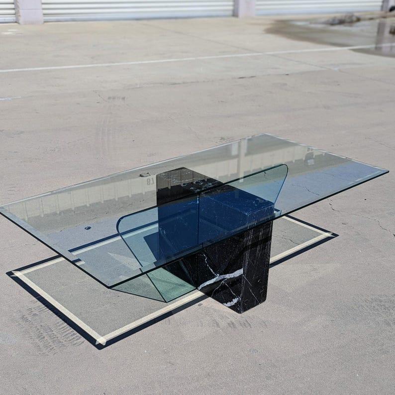 Postmodern Glass Coffee Table, Marble, Geometric, Unique, Rectangular Top For Sale 1