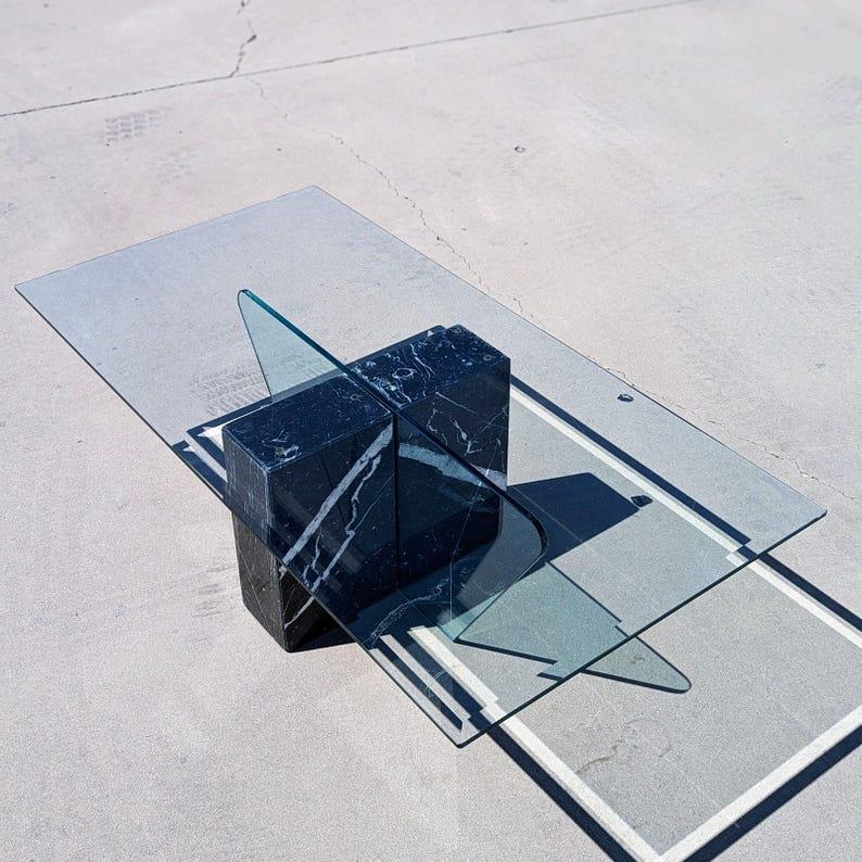 Postmodern Glass Coffee Table, Marble, Geometric, Unique, Rectangular Top For Sale 4