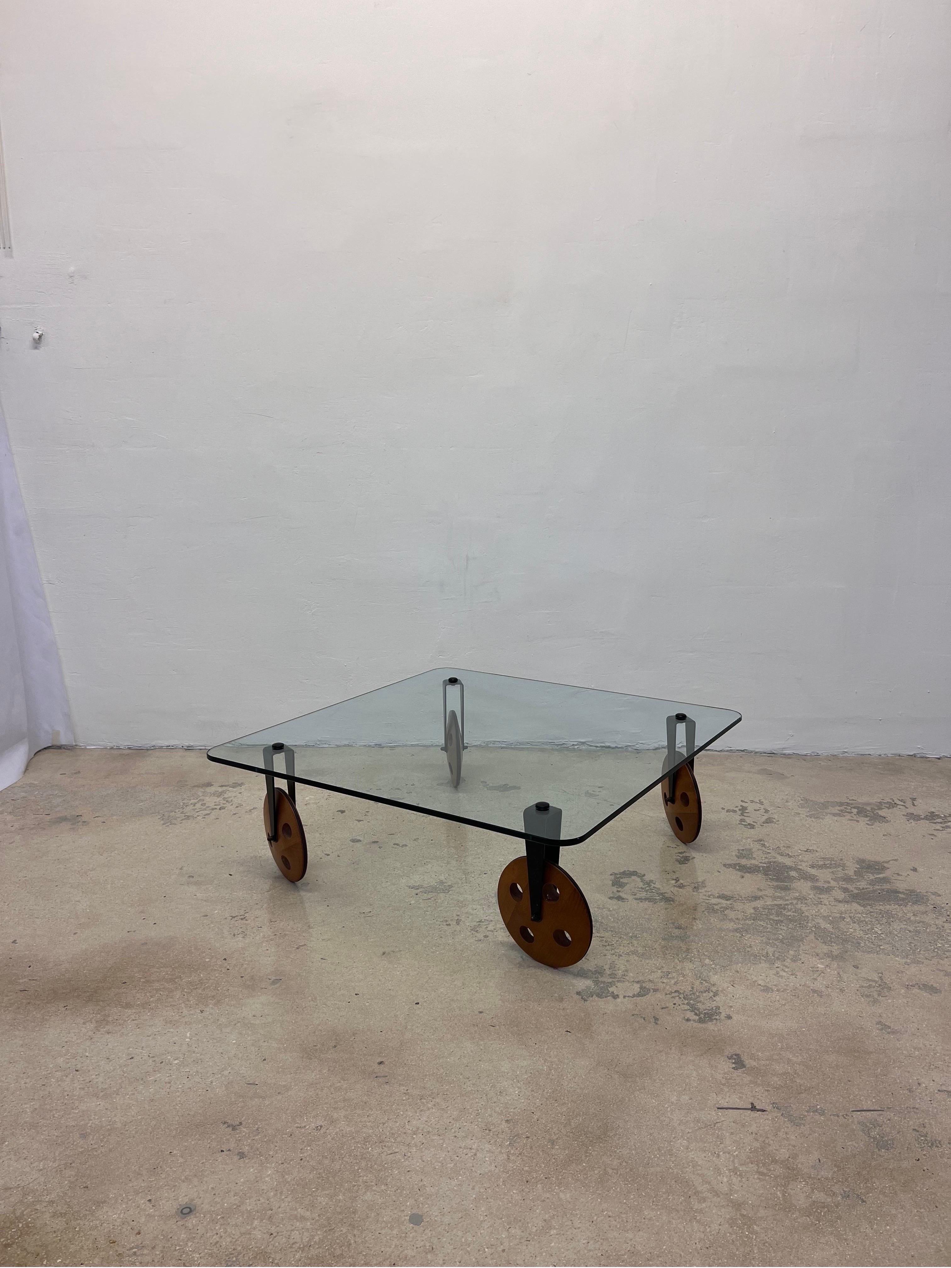 Postmodern Glass Coffee Table on Wheels After Gae Aulenti, 1980s 4