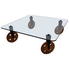 Postmodern Glass Coffee Table on Wheels After Gae Aulenti, 1980s
