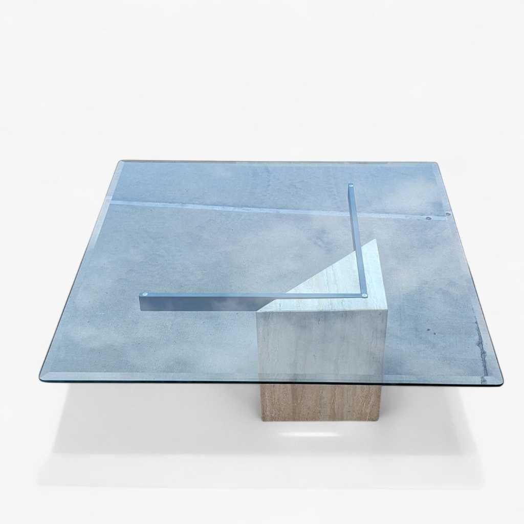 Postmodern Glass Coffee Table, Travertine Base, Square, Artedi, Italian c. 1970s For Sale 5