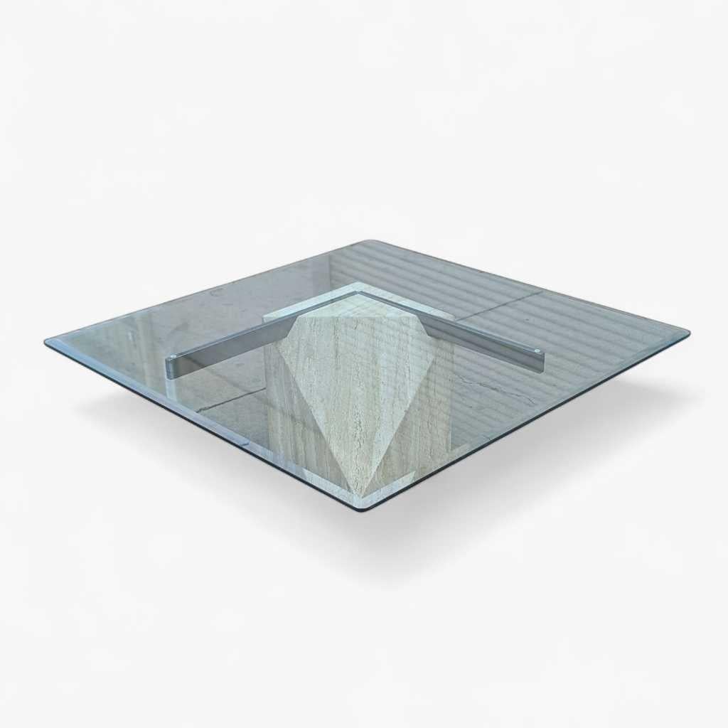Postmodern Glass Coffee Table, Travertine Base, Square, Artedi, Italian c. 1970s For Sale 7
