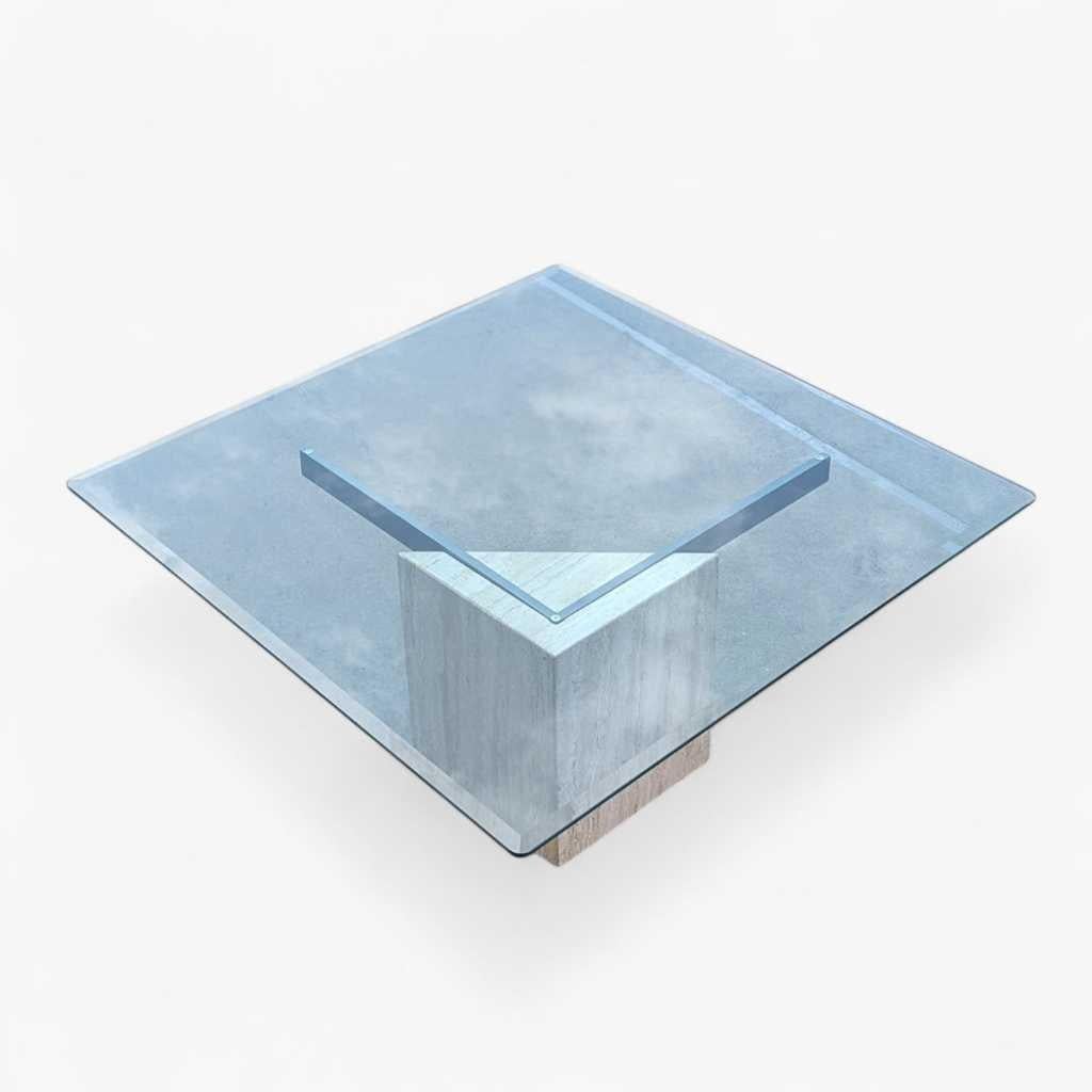 Postmodern Glass Coffee Table, Travertine Base, Square, Artedi, Italian c. 1970s For Sale 8
