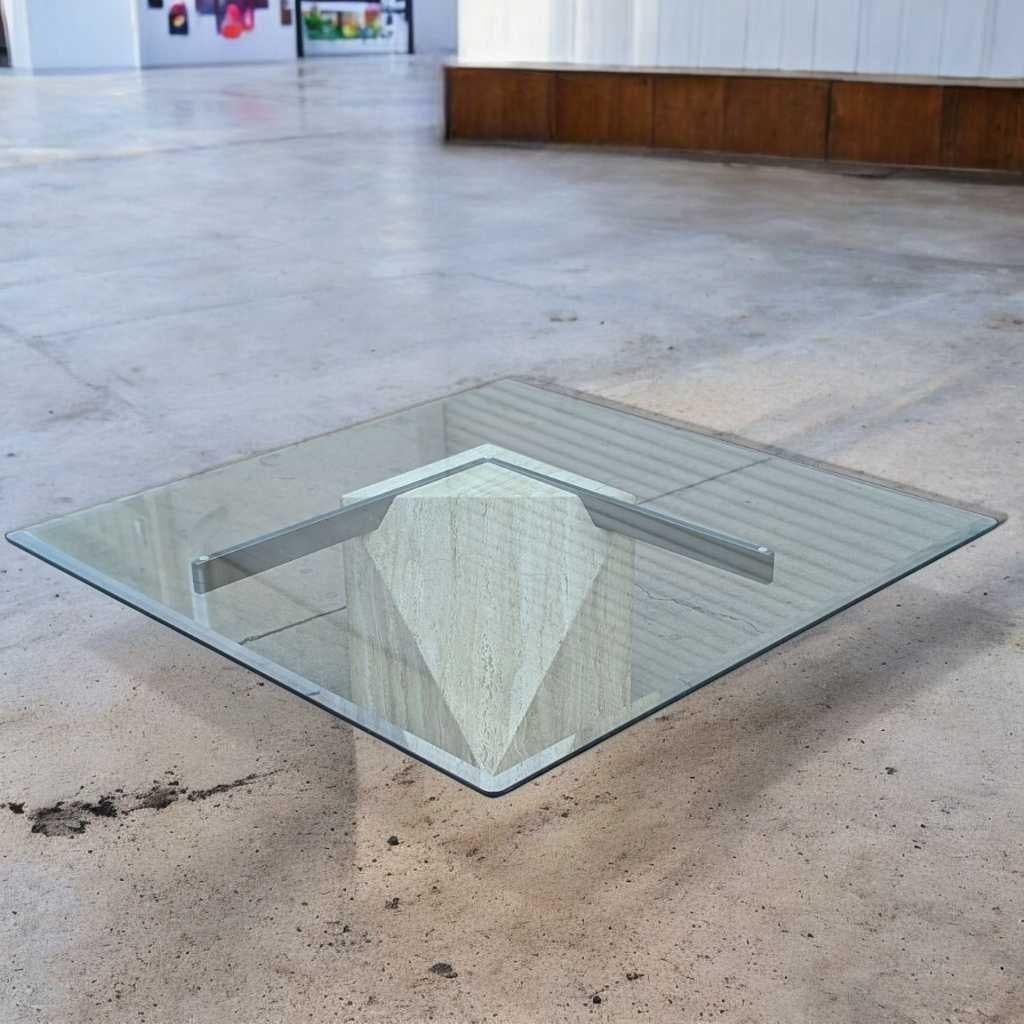 Postmodern Glass Coffee Table, Travertine Base, Square, Artedi, Italian c. 1970s For Sale 11