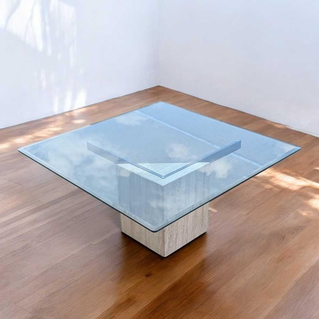 Postmodern Glass Coffee Table, Travertine Base, Square, Artedi, Italian c. 1970s For Sale 13