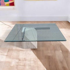 Postmodern Glass Coffee Table, Travertine Base, Square, Artedi, Italian c. 1970s