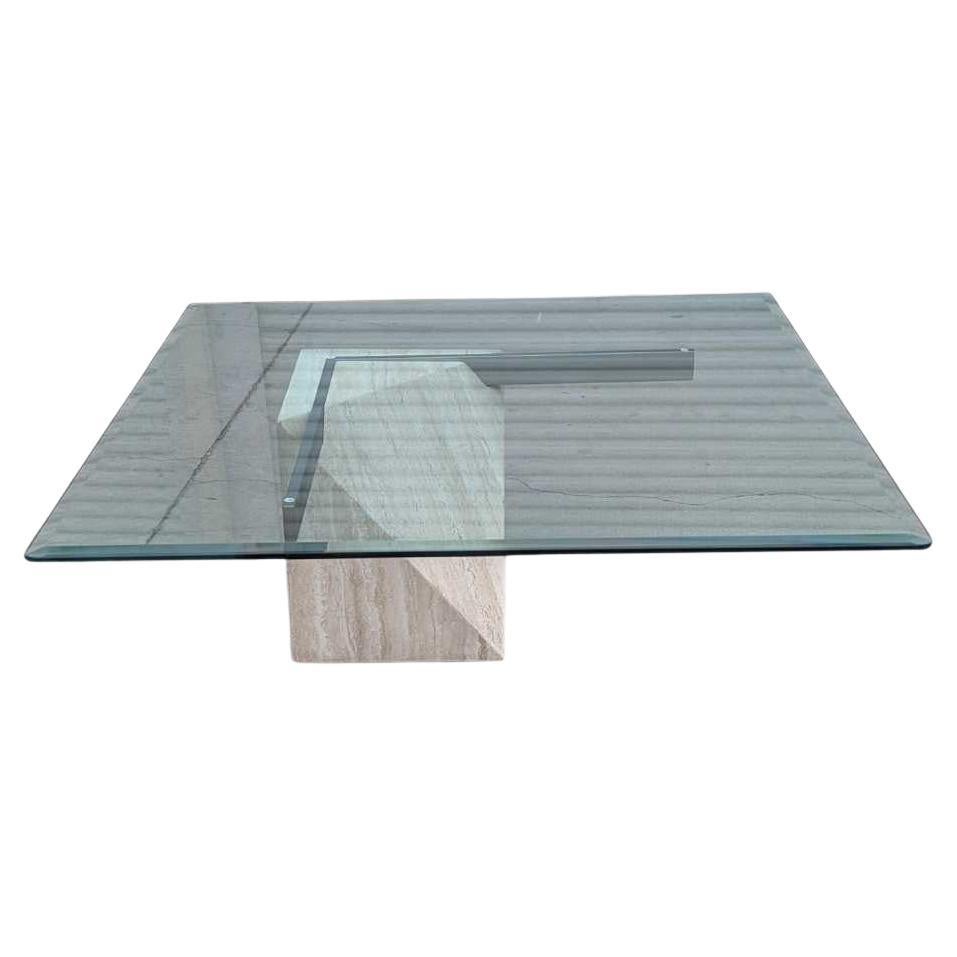 Postmodern Glass Coffee Table, Travertine Base, Square, Artedi, Italian c. 1970s For Sale 14
