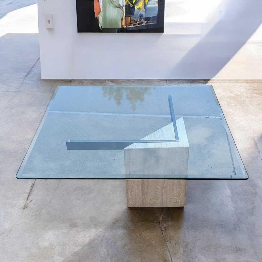 Post-Modern Postmodern Glass Coffee Table, Travertine Base, Square, Artedi, Italian c. 1970s For Sale