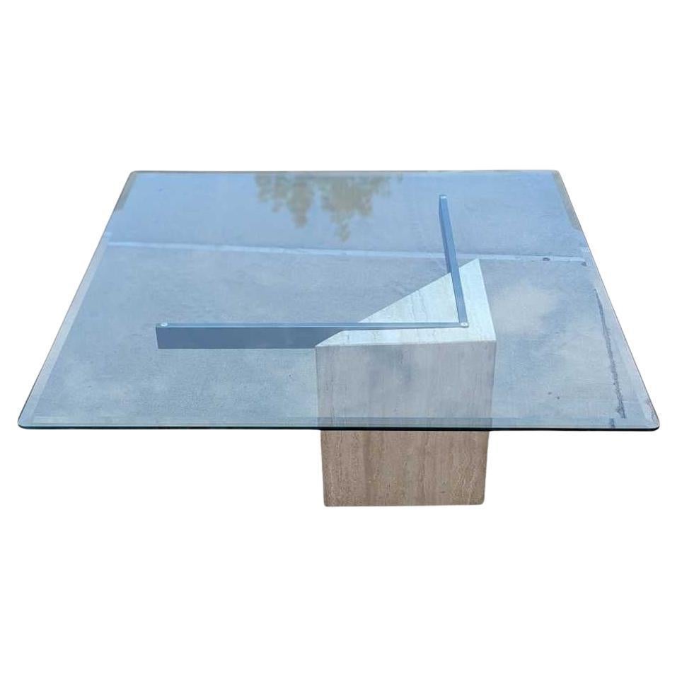 Postmodern Glass Coffee Table, Travertine Base, Square, Artedi, Italian c. 1970s In Good Condition For Sale In Rancho Cucamonga, CA