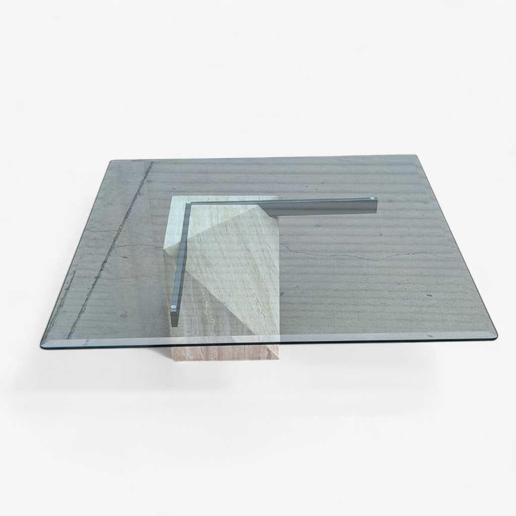 20th Century Postmodern Glass Coffee Table, Travertine Base, Square, Artedi, Italian c. 1970s For Sale