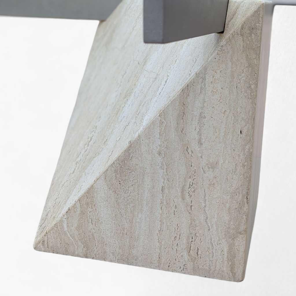Metal Postmodern Glass Coffee Table, Travertine Base, Square, Artedi, Italian c. 1970s For Sale