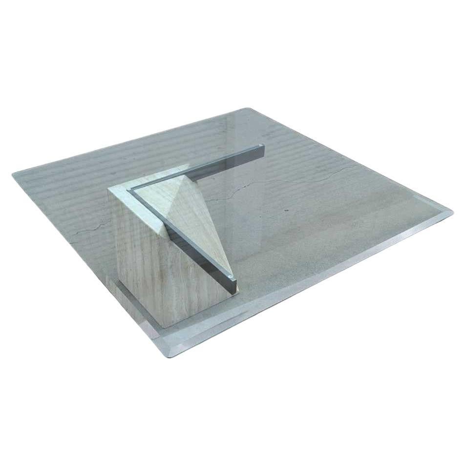 Mesa de centro posmoderna de cristal, base de travertino, cuadrada, Artedi, Italia c. 1970