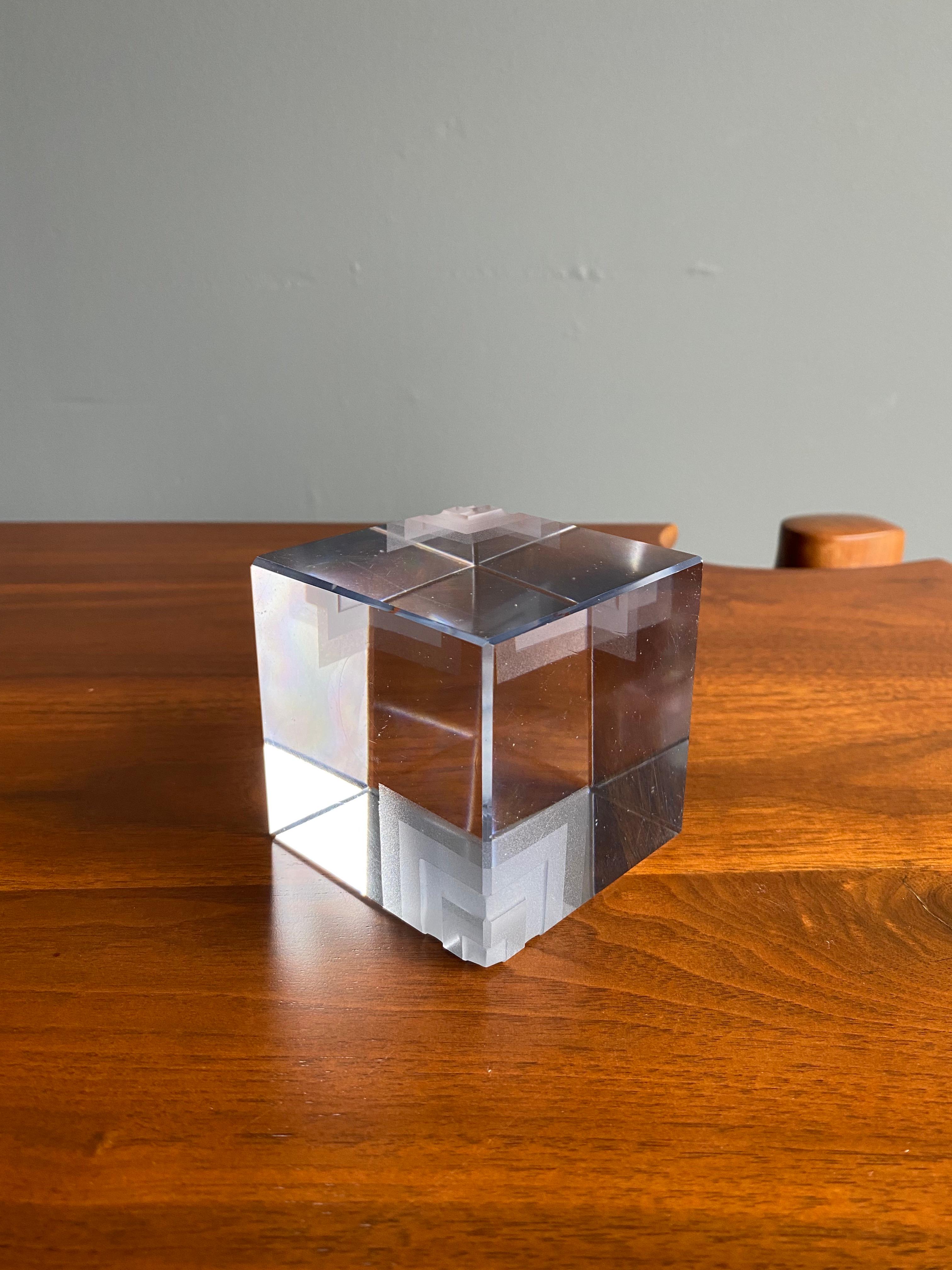 20th Century Postmodern Glass Cube Paperweight,  1980's  For Sale