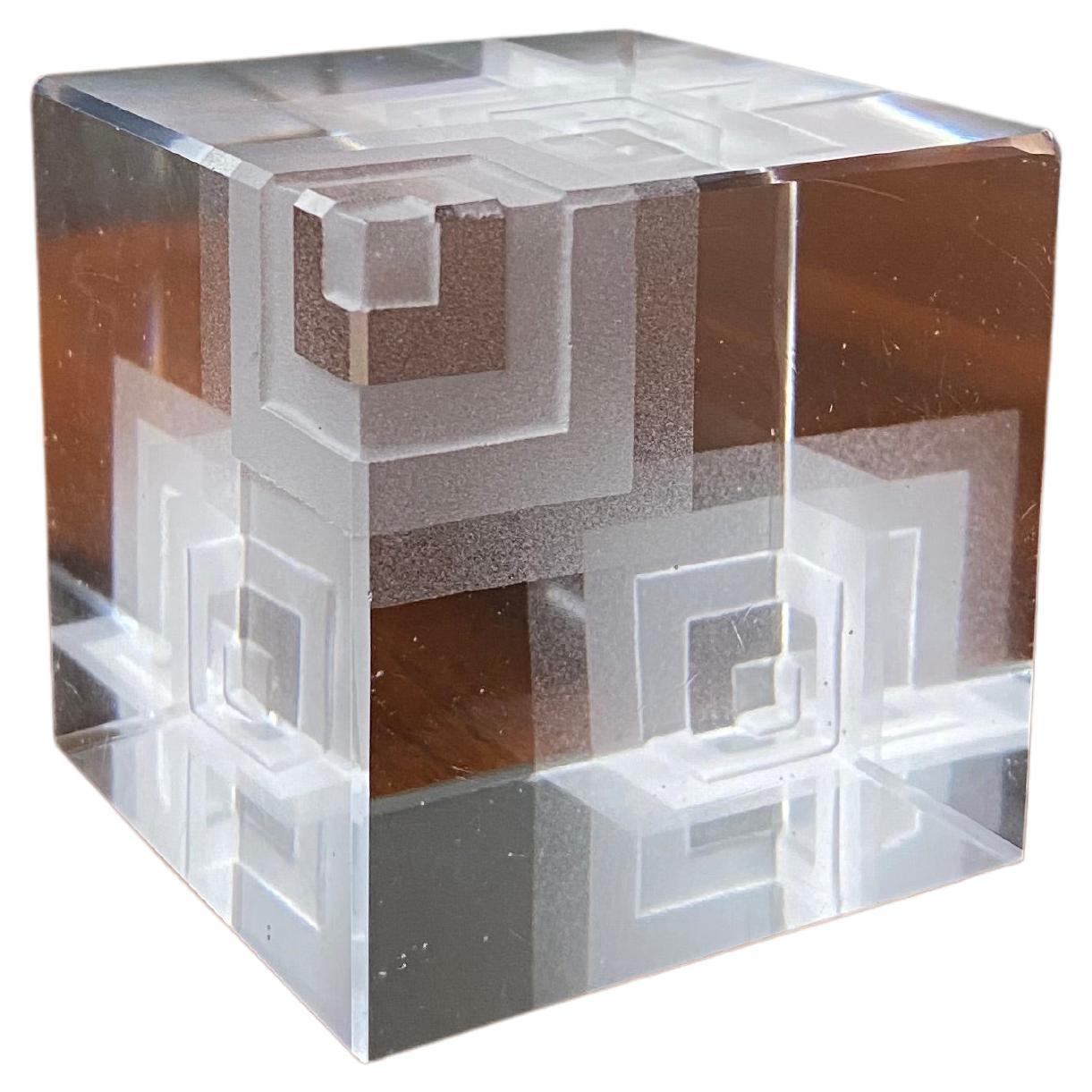 Postmodern Glass Cube Paperweight,  1980's  For Sale