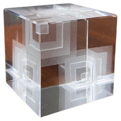 Postmodern Glass Cube Paperweight,  1980's 