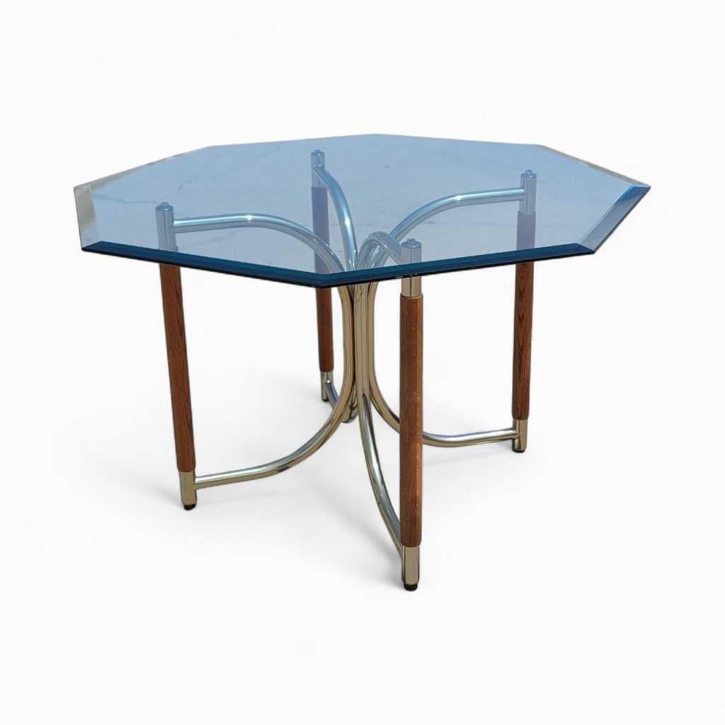 Table de salle à manger postmoderne en verre, base en laiton et bois de chêne, États-Unis, vers 1980 en vente 4