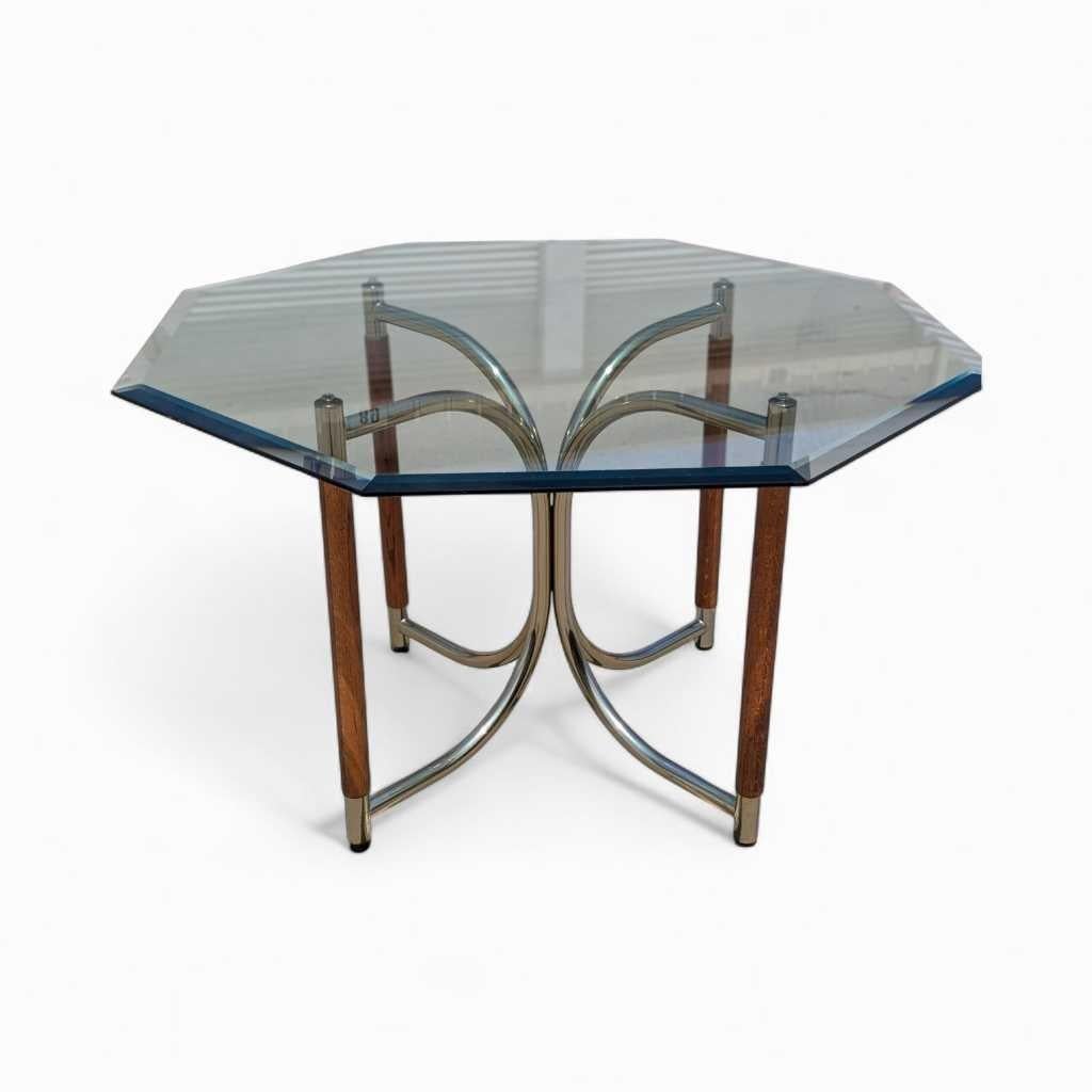 Table de salle à manger postmoderne en verre, base en laiton et bois de chêne, États-Unis, vers 1980 en vente 5