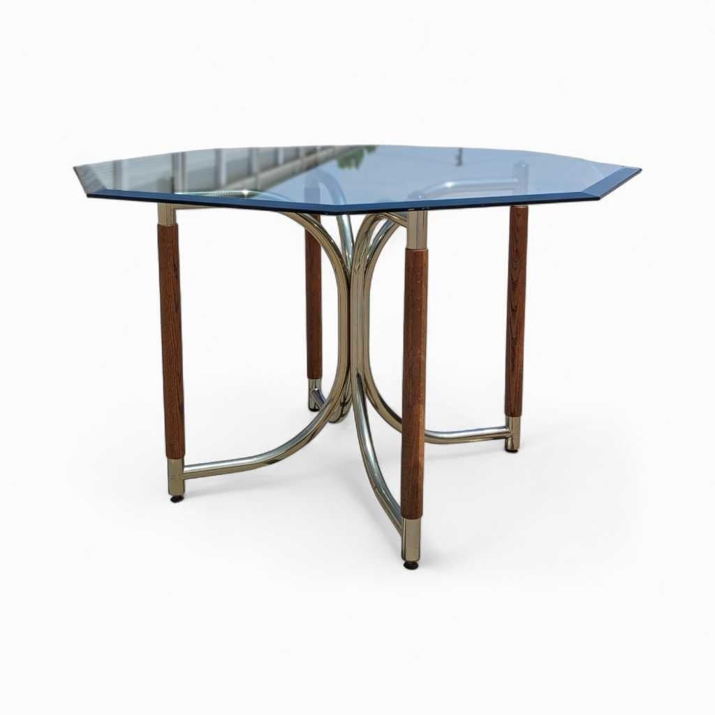 Table de salle à manger postmoderne en verre, base en laiton et bois de chêne, États-Unis, vers 1980 en vente 6
