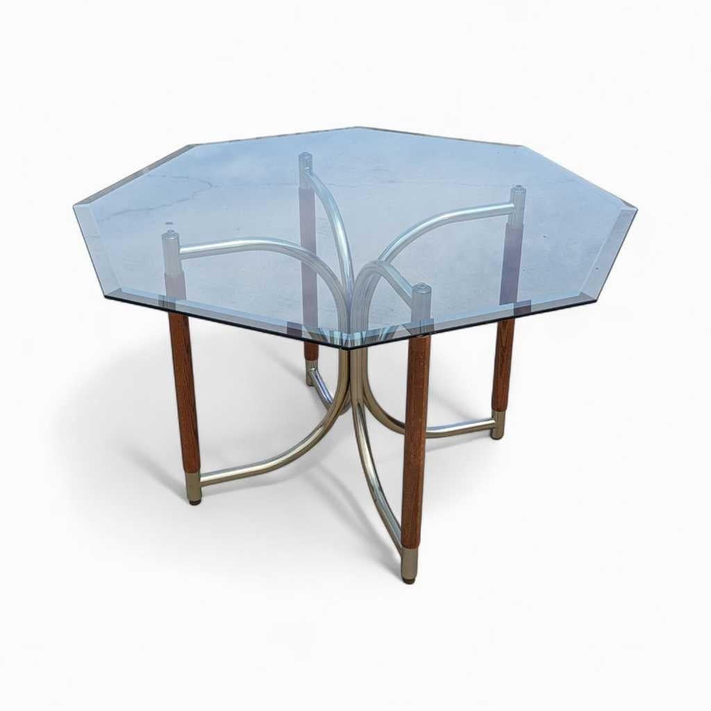 Table de salle à manger postmoderne en verre, base en laiton et bois de chêne, États-Unis, vers 1980 en vente 7