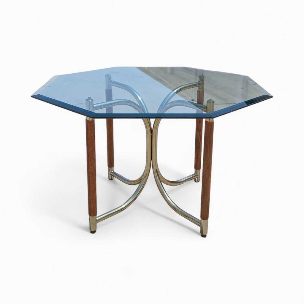 Table de salle à manger postmoderne en verre, base en laiton et bois de chêne, États-Unis, vers 1980 en vente 9